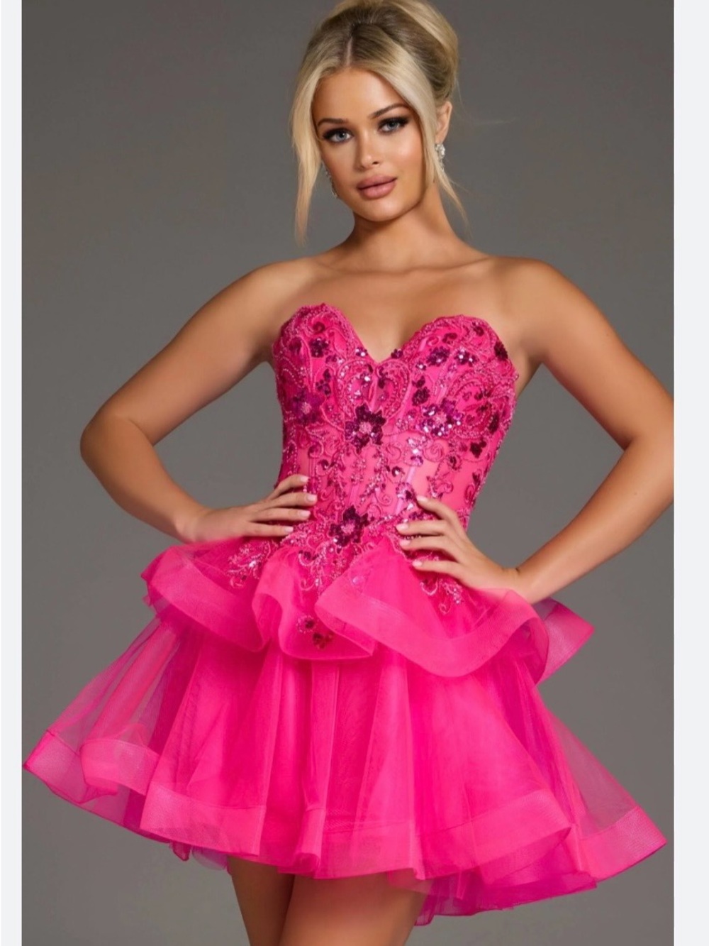 Jovani Hot Pink Embellished Strapless Party Dress